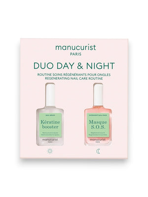 Two MANICURIST - DAY AND NIGHT DUO bottles by MANUCURIST INC shown with text: "85% said their nails were harder*, 80% noticed more hydration**," based on clinical and consumer tests over two weeks.