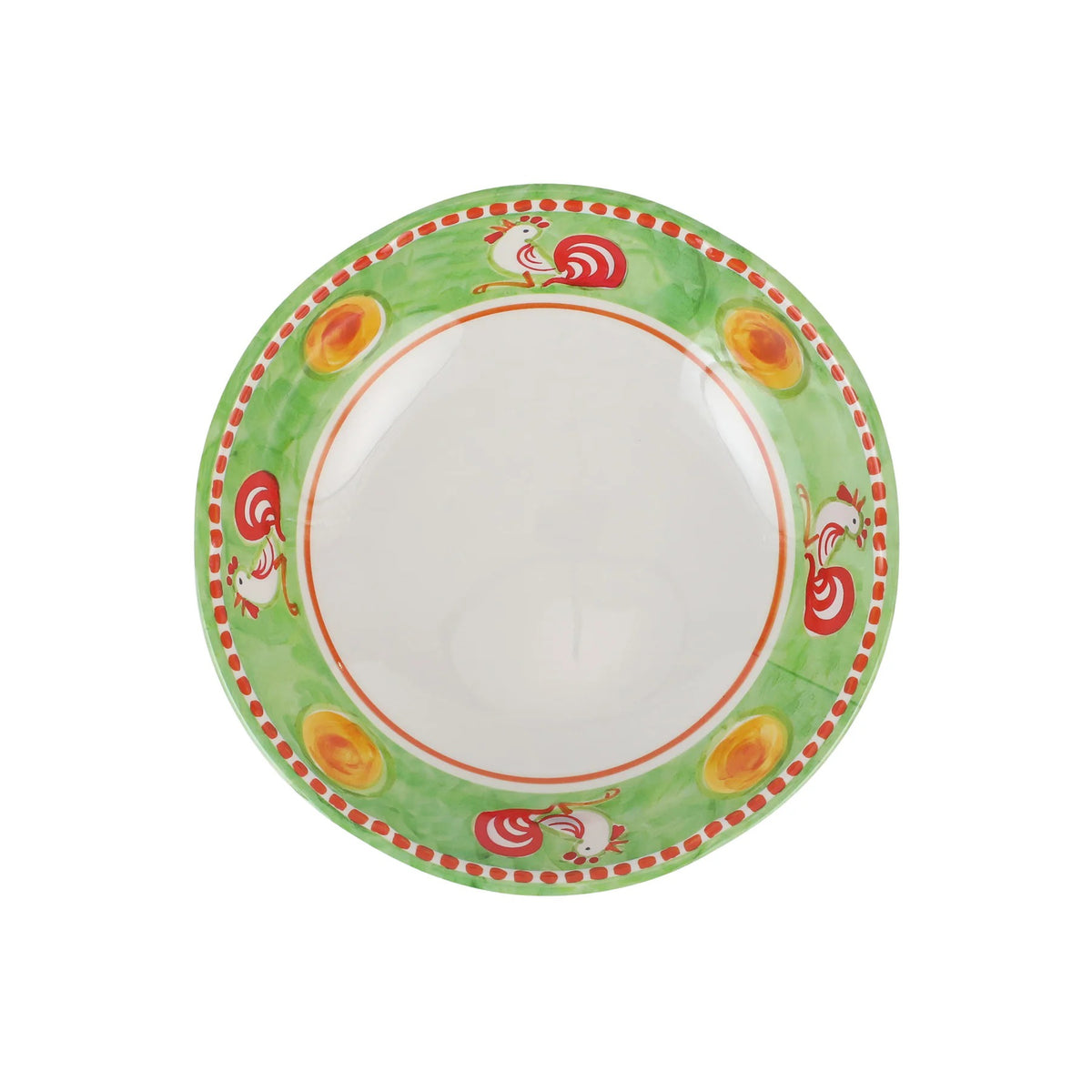 The VIETRI Melamine Campagna Pasta Bowl features a red interior with playful pig and fruit designs, a blue patterned edge, and a durable white melamine build—perfect for outdoor dining.