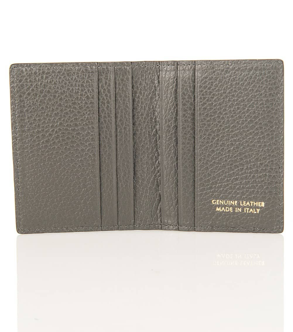 The open gray LEATHER CARD HOLDER by LE BORSETTE features multiple slots. &quot;Genuine Leather Made in Italy&quot; is engraved in the bottom right corner, with its shiny surface reflecting sophistication and fine Italian craftsmanship.