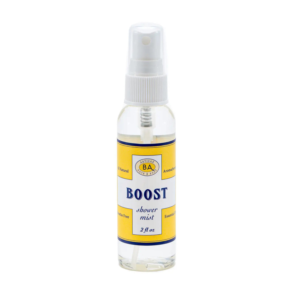 A collection of BAUDELAIRE&#39;s &quot;Boost&quot; skincare products, including bath salts, cleansing oil, and a peppermint-infused BAUDELAIRE - BOOST SHOWER MIST in a spray bottle, is displayed on a shelf alongside a tall yellow vase with green and brown stems.