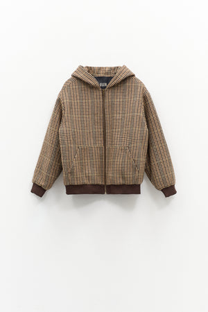The ELEH - FIRENZE HOODED BOMBER by ELEH is a brown jacket with a classic check pattern, zip-up front, long sleeves, and ribbed cuffs and hem, displayed against a plain white background.