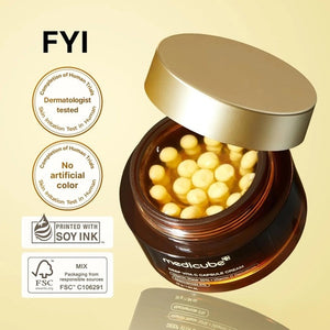 Open jar of MEDICUBE - DEEP VITA C CAPSULE CREAM, 55G by KOSMIC KBEAUTY SKINCARE on right, showing its yellow capsule cream. On the left, ingredient list highlights: Sea Buckthorn Extract, Niacinamide to help brighten skin and address uneven tone, Ascorbic Acid, Vitamins E, Q & P, and Ferulic Acid—all with skin benefits. Set against a warm yellow background.