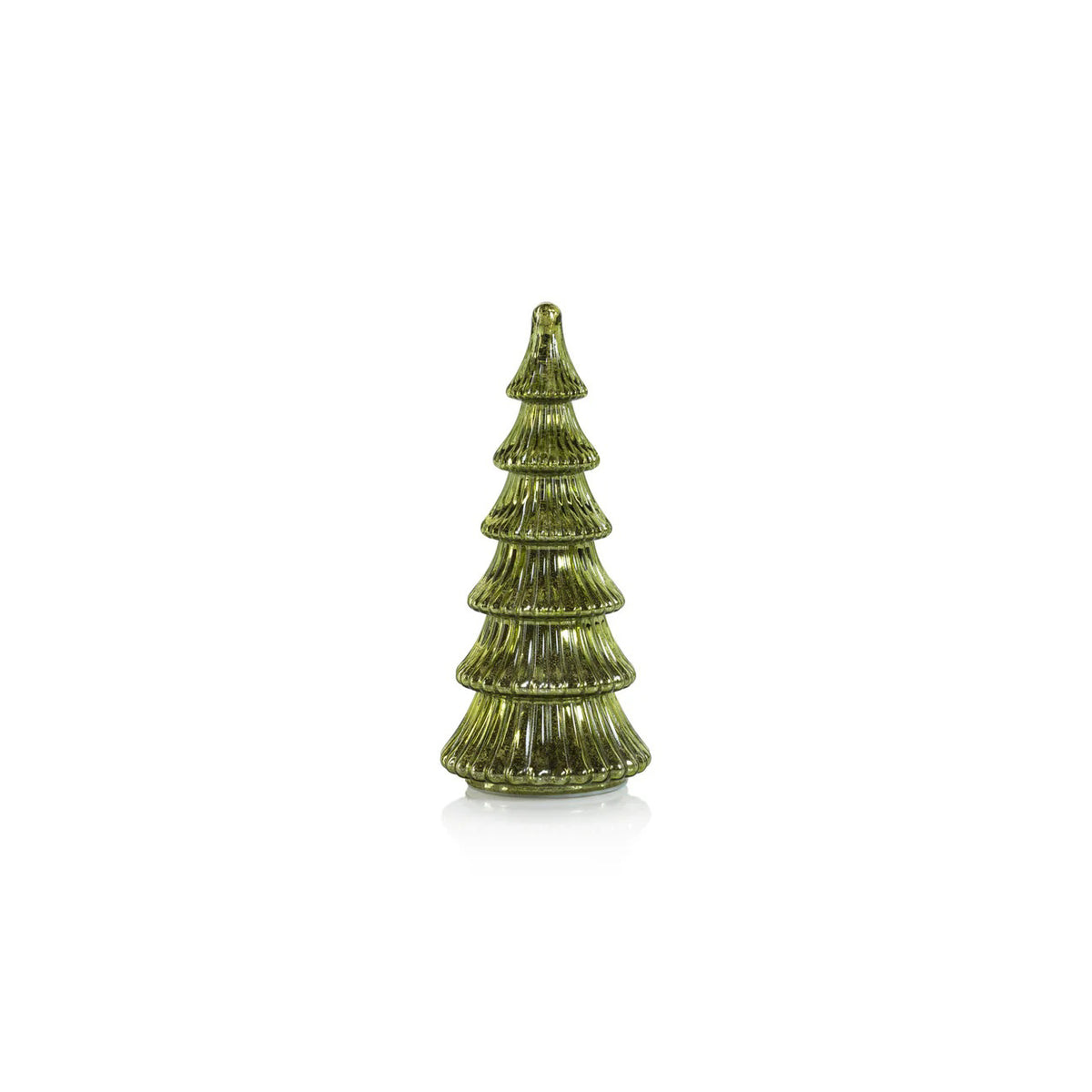The ZODAX DAVOS LED ANTIQUE GLASS TEE 9.75 is a small, green glass ornament shaped like a stylized Christmas tree with ridged branches, illuminated by an LED light and displayed against a white background.