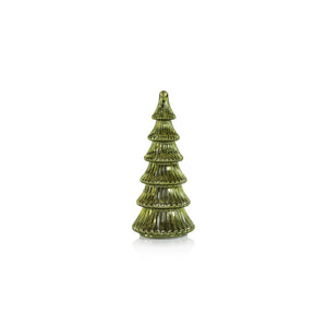 The ZODAX DAVOS LED ANTIQUE GLASS TEE 9.75 is a small, green glass ornament shaped like a stylized Christmas tree with ridged branches, illuminated by an LED light and displayed against a white background.