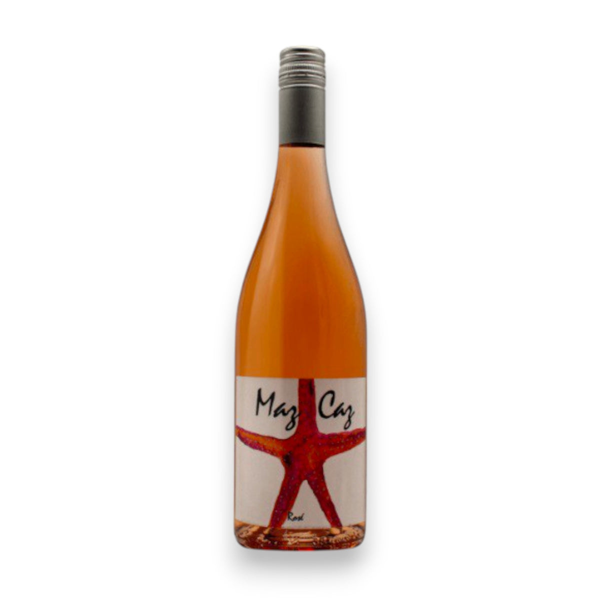 The MAZ CAZ ROSÉ 2023 by WINE: AMERICAN PREMIUM BEVERAGE is an orange-hued wine in a bottle labeled with a red starfish and the words "Maz Caz," sealed with a screw cap, all set against a plain white background.