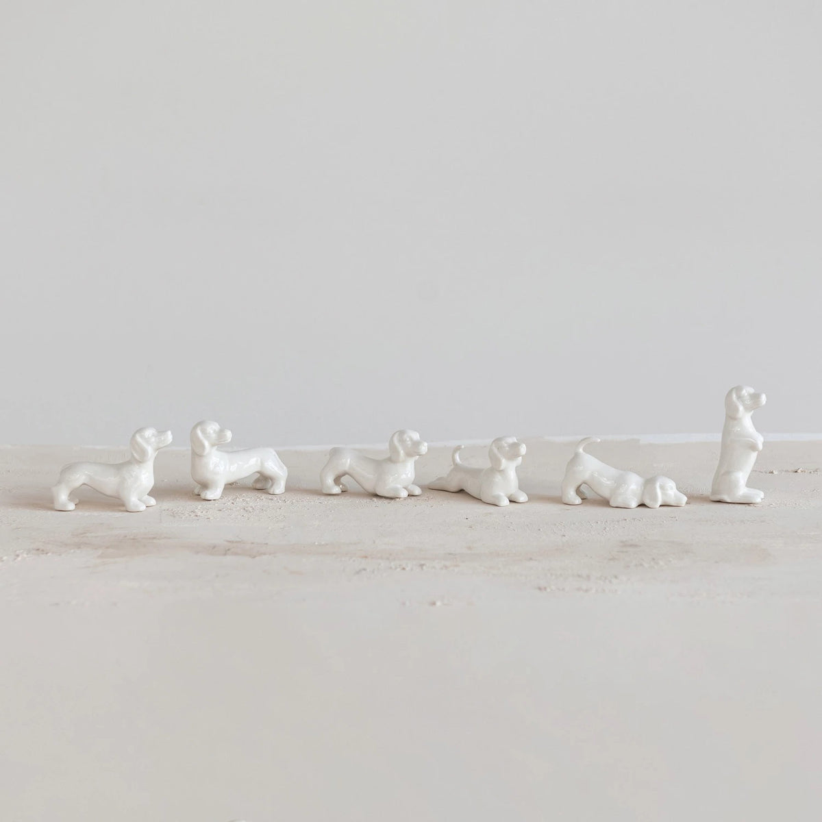 Six small white STONEWARE DOGS by CREATIVE COOP, each in a unique pose, are displayed in front of a six-compartment box, with each compartment holding a decorative dog figurine.