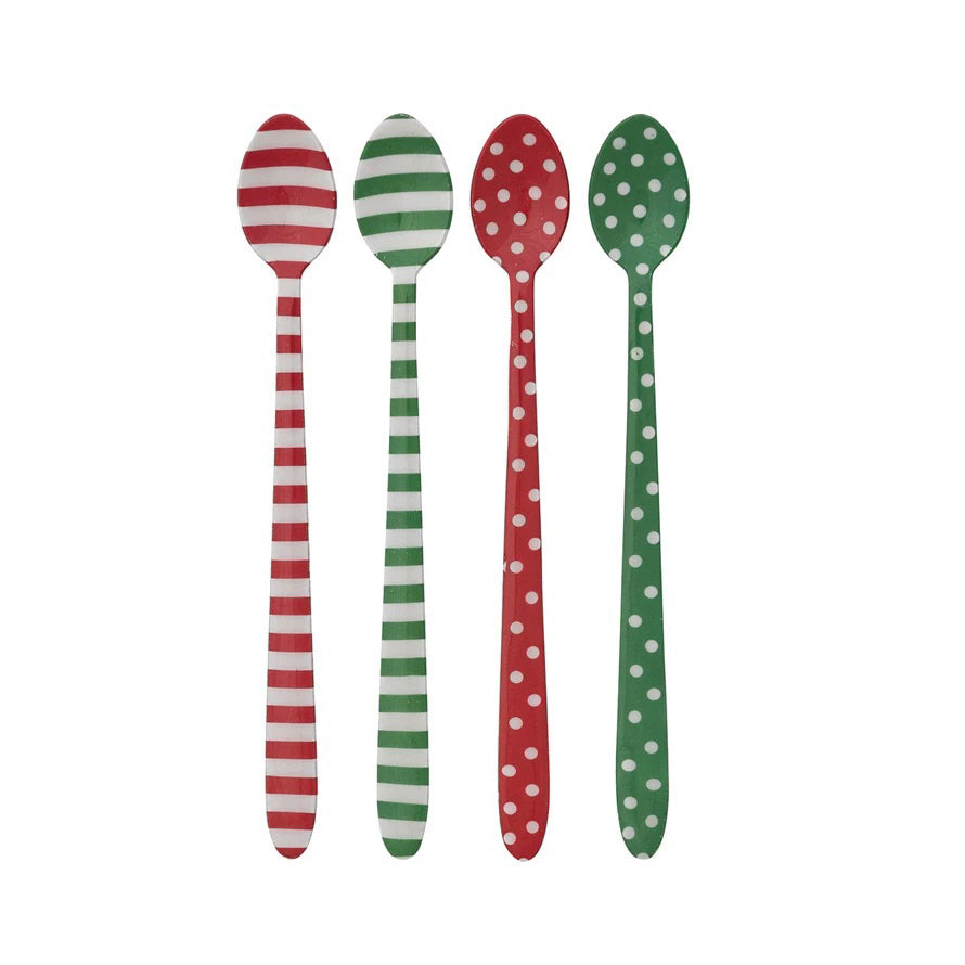 Set of 4 CREATIVE COOP ENAMELED STAINLESS STEEL COCKTAIL SPOONS: two with red and white stripes, one green and white striped, one red with white polka dots, and one green with white polka dots. All feature a festive, whimsical design.