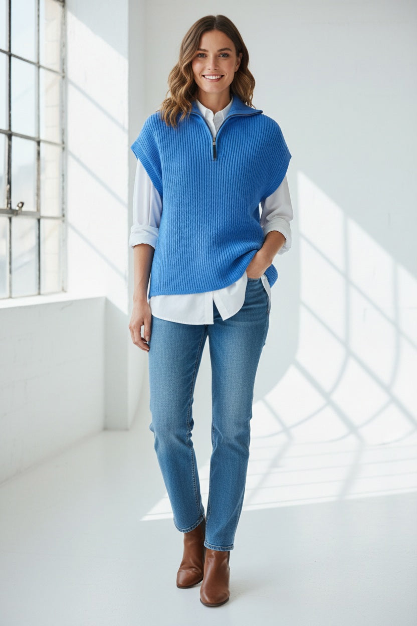 A woman with straight brown hair wears the HINSON WU - BROOKE SLEEVELESS KNIT VEST, a bright blue textured cotton-silk sweater, over a white shirt and blue jeans, standing against a plain light background.