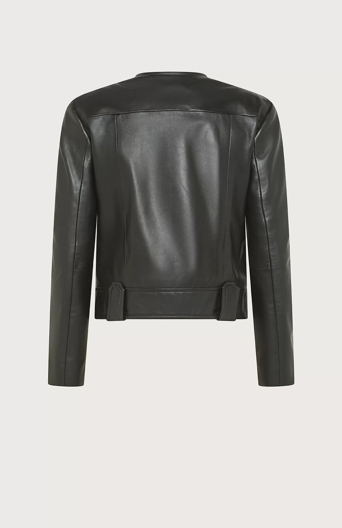 The SEVENTY - SOFT NAPA LEATHER CREWNECK JACKET by SEVENTY is a black leather jacket with a round collar and long sleeves. Made in Italy, it boasts a row of gilded buttons down the front, two buttoned chest pockets, and decorative belt loops at the waist. The design is sleek and minimalist, providing a modern, edgy look.