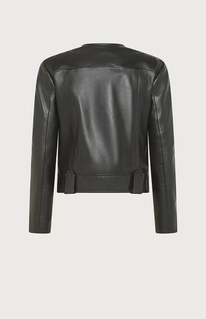 The SEVENTY - SOFT NAPA LEATHER CREWNECK JACKET by SEVENTY is a black leather jacket with a round collar and long sleeves. Made in Italy, it boasts a row of gilded buttons down the front, two buttoned chest pockets, and decorative belt loops at the waist. The design is sleek and minimalist, providing a modern, edgy look.