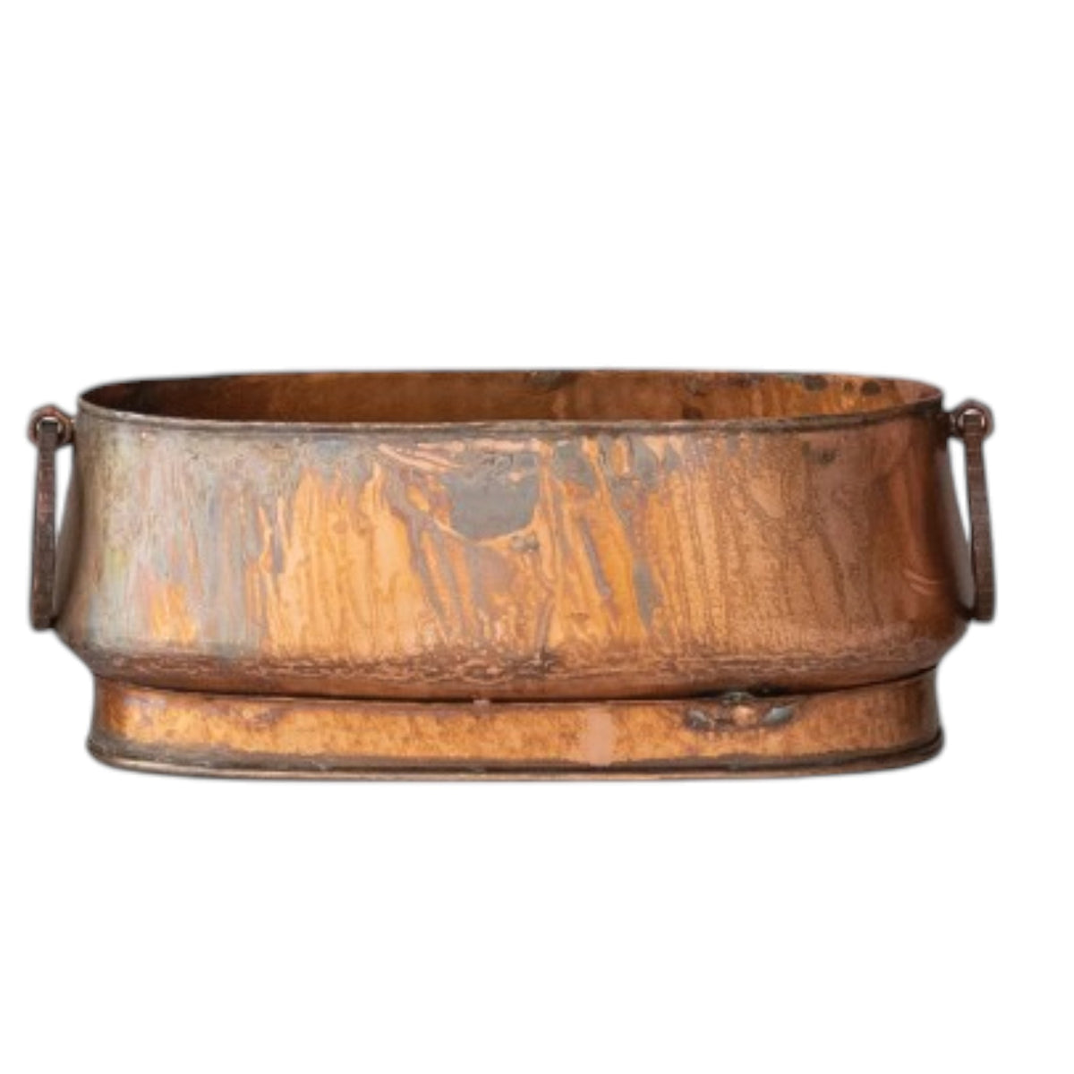 The CREATIVE COOP OVAL METAL PLANTER WITH RING HANDLES, MEDIUM, features an antique copper finish with natural patina—ideal for farmhouse decor and displayed against a white background.