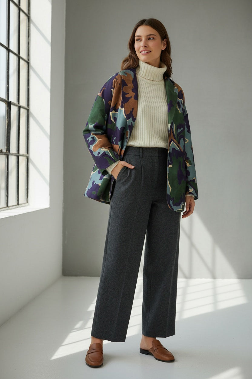 A woman in a white turtleneck and black pants stands against a plain background, layering her look with the ALYKI LABORATORIO PRINTED SATIN JACKET, featuring bold, colorful green, purple, brown, and blue leaf patterns.