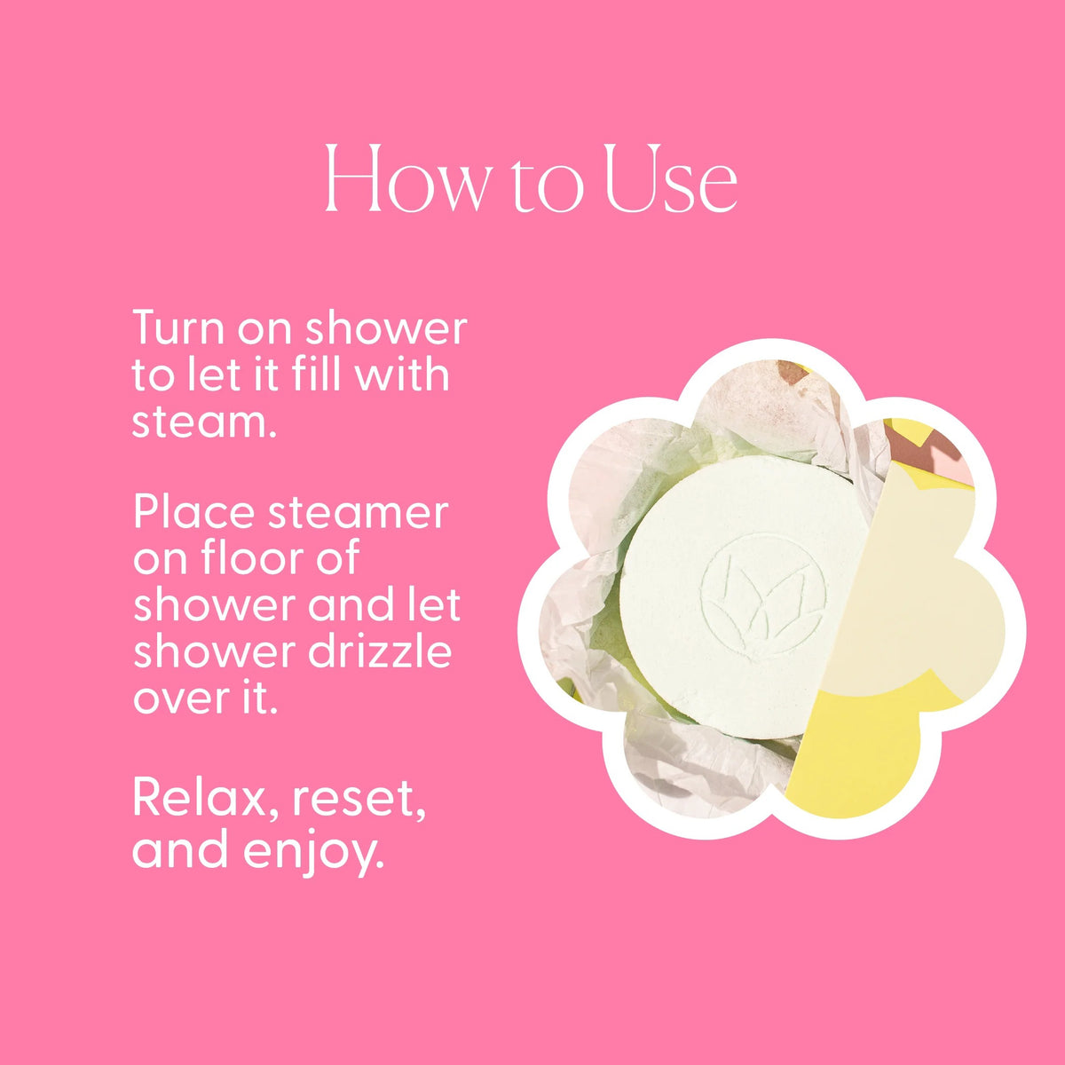 A blue box labeled “MUSEE - WATER LILY & LINEN SHOWER STEAMERS” from MUSEE sits behind five round white tablets, each embossed with a delicate leaf design. These shower steamers offer a spa-like escape, infused with the gentle scent of water lily. Above the text on the box, a small showerhead icon is featured.