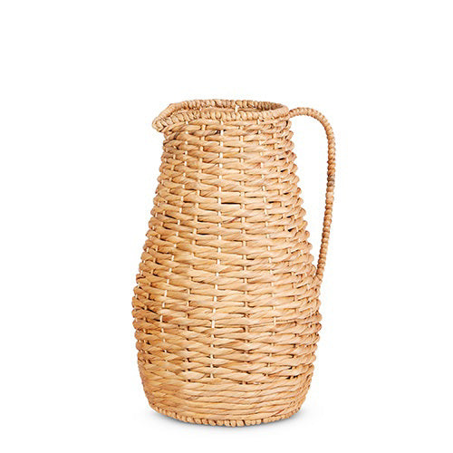 The WOVEN DECORATIVE PITCHER by RAZ IMPORTS features a tightly woven Water Hyacinth design, a curved handle, and a natural beige color. It has a rounded body and narrow neck. Perfect for instore pickup against its plain white background display, as shipping is unavailable.