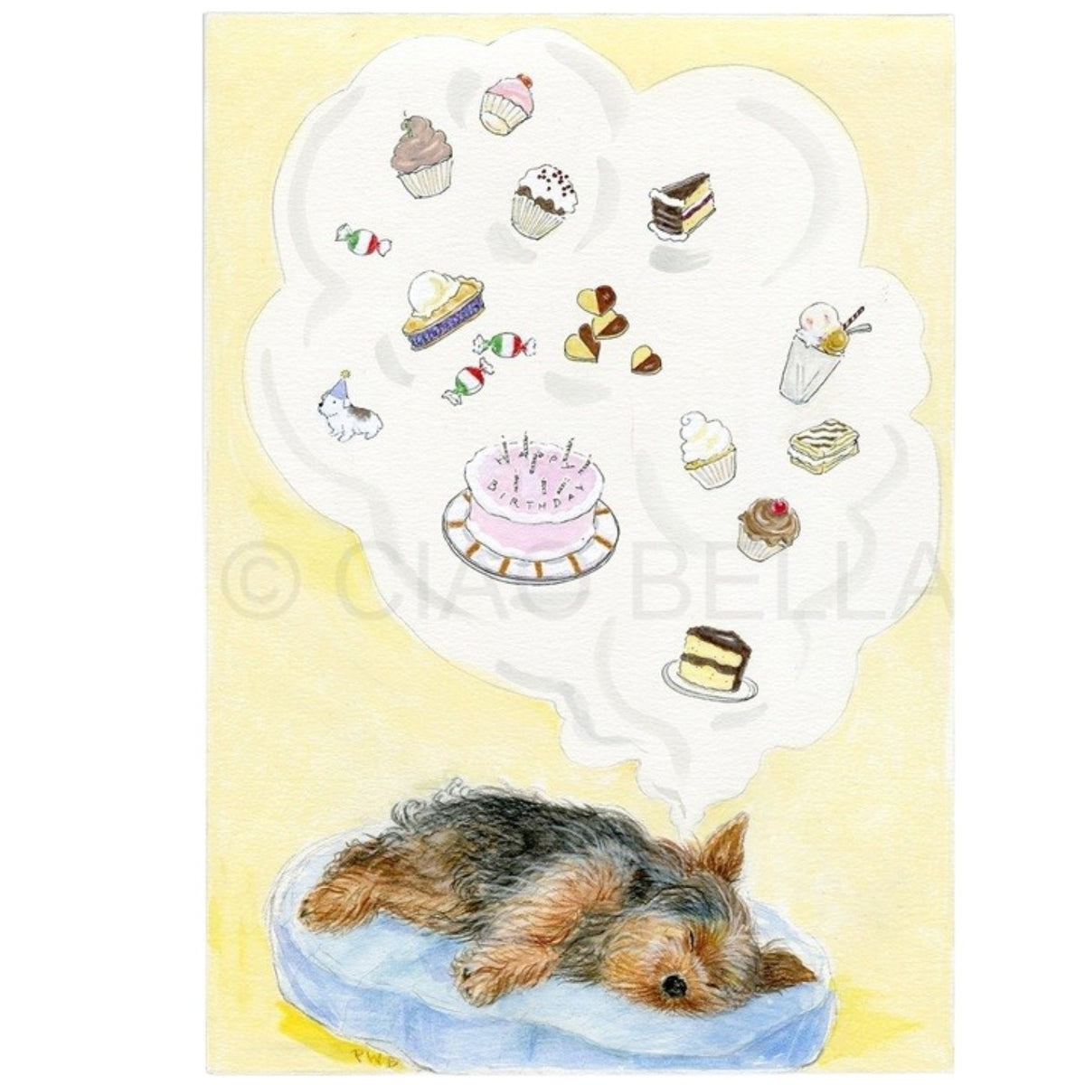 A small dog rests on a blue mat, imagining cakes, cupcakes, ice cream, candies, and other sweet treats drifting in a thought bubble above its head—next to a blank note card from the CIAO BELLA - SWEET THINGS CARD collection by CIAO BELLA, just waiting for your heartfelt message.