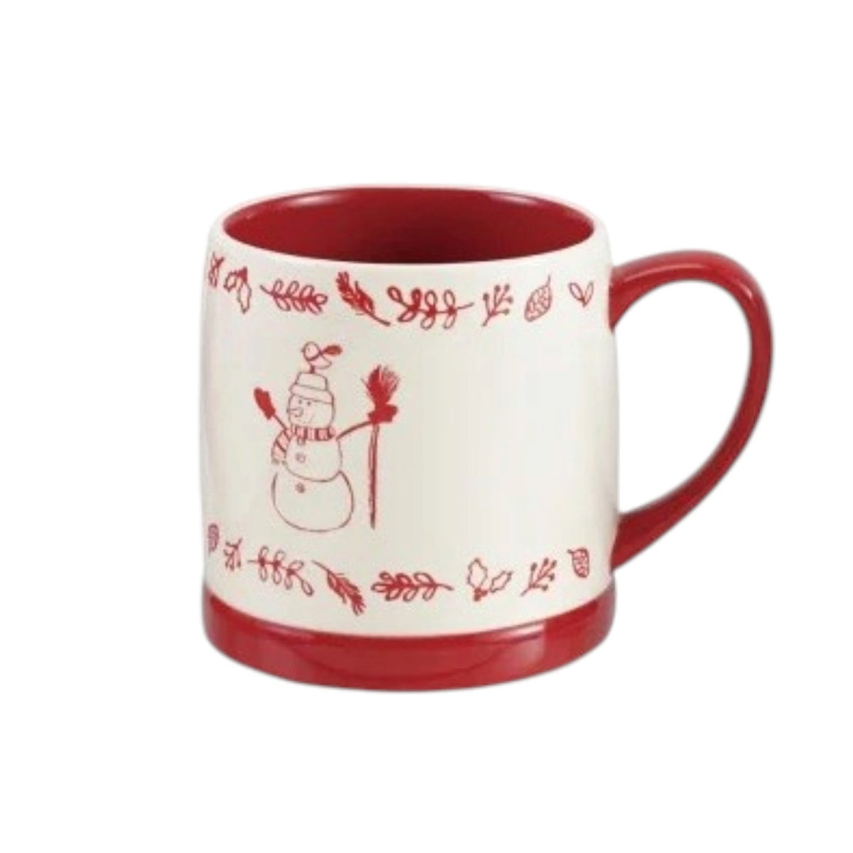 Creative Co-op stoneware mug with holiday design, red and white, featuring a white body with a red interior, base, and handle decorated with a red Christmas tree and string of lights pattern.