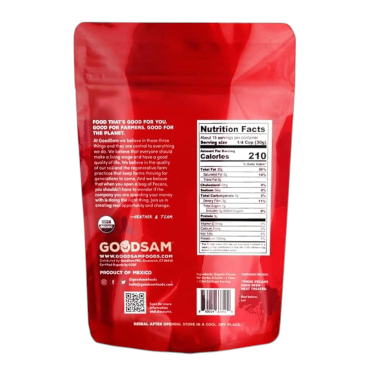 A red package labeled &quot;GOODSAM FOODS - ORGANIC PECAN HALVES&quot; contains organic, regenerative pecan halves. Features: USDA Organic, 20g protein per bag, vegan, gluten-free. Net wt: 16 oz (454 g).
