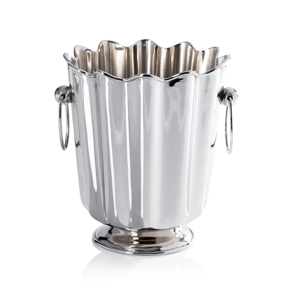 The ZODAX ORLEANS Wine or Champagne Bucket is a shiny silver piece with vertical ridges, scalloped edges, two round side handles, and stands 9 inches tall—an elegant decorative item shown on a white background.