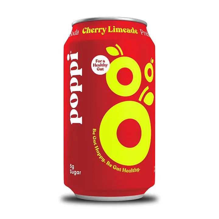 A bold yellow and red can of POPPI - CHERRY LIMEADE prebiotic soda, featuring "For a Healthy Gut" and "Be Gut Happy. Be Gut Healthy." on the label. Made with apple cider vinegar and just 5g sugar. Brand: POPPI.