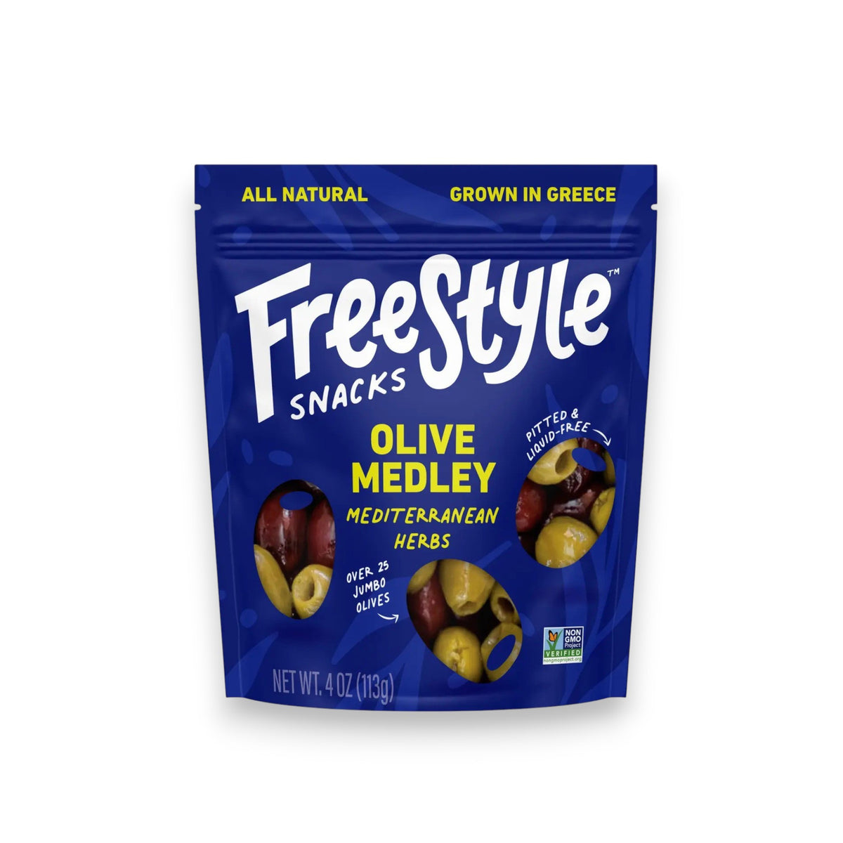 The blue FREESTYLE pouch offers a Mediterranean Herb Olive Medley of green and Kalamata olives, featuring "All Natural" and "Grown in Greece" claims. The pack boasts "Over 35 Jumbo Olives" and a Non-GMO Project Verified label.