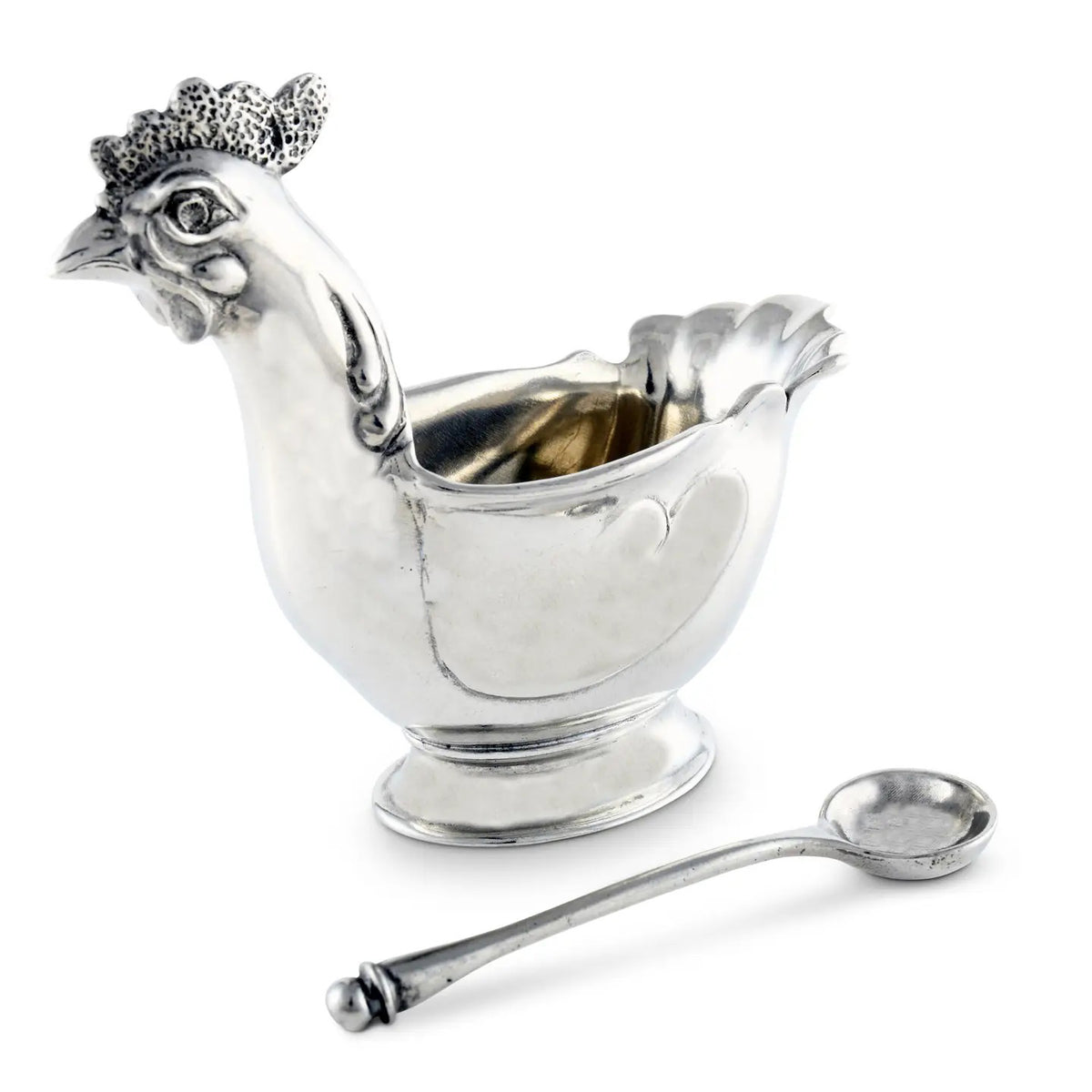 The VAGABOND HOUSE PEWTER HEN SUGAR BOWL WITH SPOON features a luxury-grade pewter chicken-shaped bowl with intricate comb and wattle details, filled with granulated sugar and accompanied by a matching spoon.