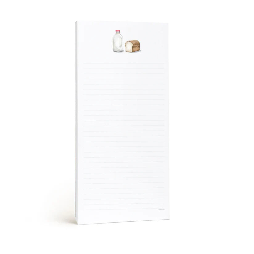 The E. FRANCES PAPER - MILK AND BREAD NOTEPAD, made in the USA from recycled paper, features faintly lined pages and a charming milk bottle and bread illustration on top. Its simple white background and nostalgic design make it a delightful addition to any desk.