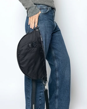 The GABRIELE FRANTZEN - SCARAB NYLON XL BELTBAG IN BLACK is a half-moon crossbody bag crafted from luxurious Italian nylon, featuring a matching black scarab beetle design on the front, silver-tone hardware, and an adjustable strap. This sleek nylon beltbag by GABRIELE FRANTZEN is displayed against a plain white background.