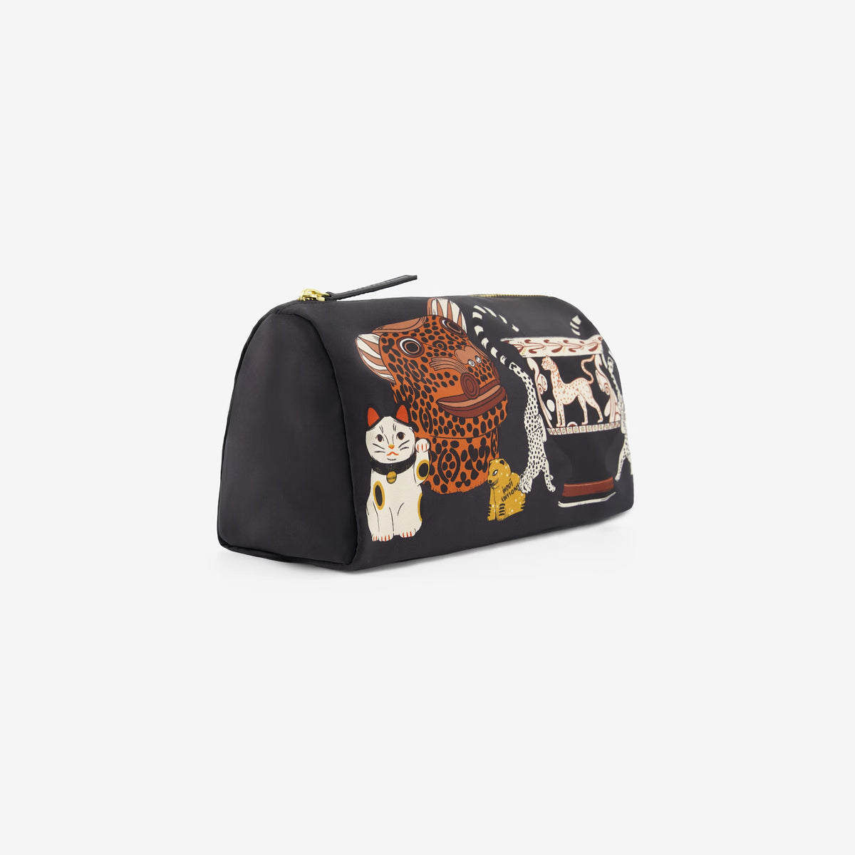 The INOUI EDITIONS - COLLECTIONNEUR CAT COSMETIC BAG by INOUI is a black clutch adorned with illustrations of a maneki-neko cat, a jaguar mask, a small gold animal, and an ancient vase featuring two animal figures. Crafted from stylish polyester with bovin leather accents, this bag features a top zipper closure and a sleek decorative design.