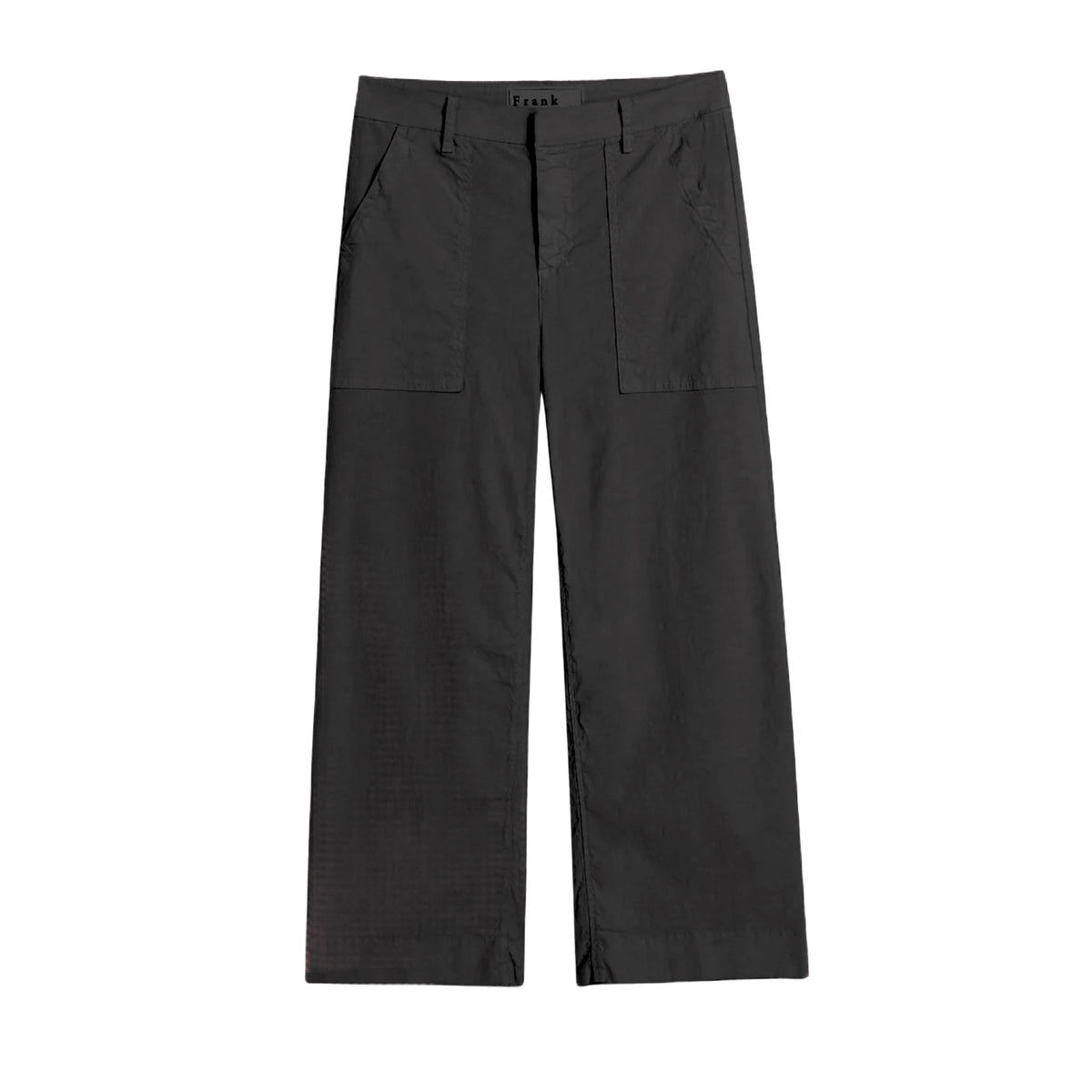 The FRANK &amp; EILEEN Wexford Patch Pocket Utility Wide Leg Pant in black features front patch pockets and belt loops, shown against a white background.