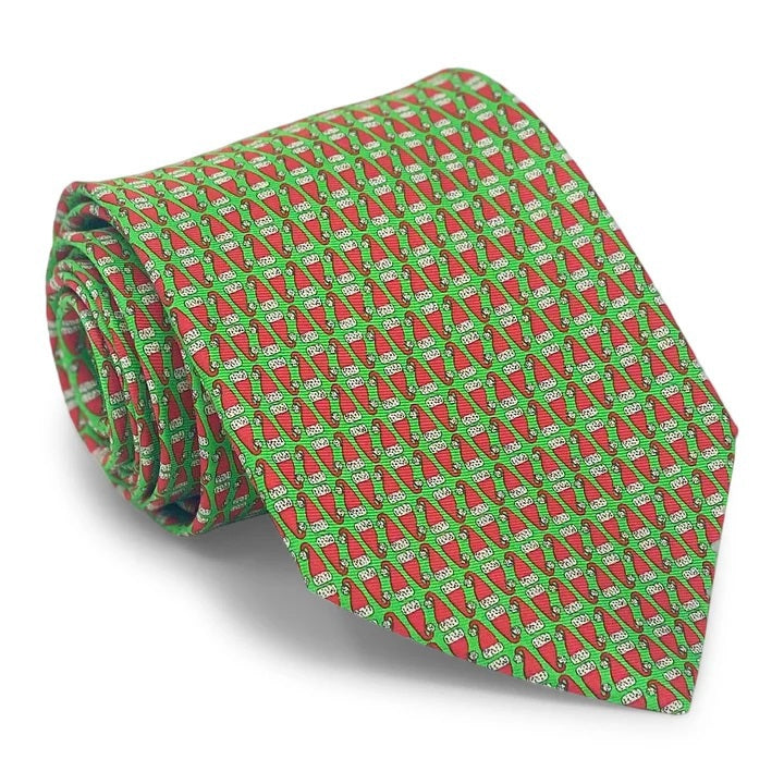 Sure! Here’s a rewritten sentence using your product data: This handmade silk tie by Bird Dog Bay, the PETER-BLAIR - Santa Hats Silk Tie in Green, features a festive green background with a playful Santa hat pattern and classic navy tipping. Crafted in New York for exceptional quality.