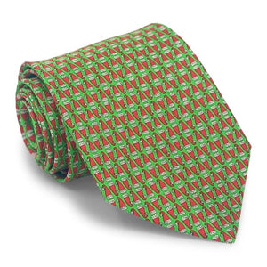 Sure! Here’s a rewritten sentence using your product data: This handmade silk tie by Bird Dog Bay, the PETER-BLAIR - Santa Hats Silk Tie in Green, features a festive green background with a playful Santa hat pattern and classic navy tipping. Crafted in New York for exceptional quality.