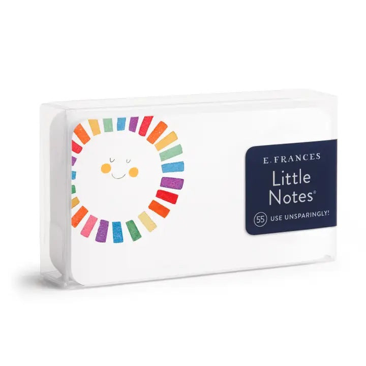 The E. FRANCES PAPER Little Notes Rainbow Sun mini card features a half-circle of colorful textured rectangles in rainbow order along the top and sides, with "Little Notes® by E. Frances Paper. Please Recycle Me." printed in the center. "Back" shown below.