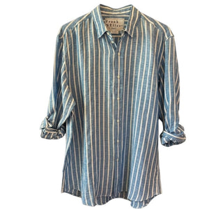 The FRANK & EILEEN Finbar men's button-up shirt in turquoise with white stripes features washed linen, a back view, and long sleeves rolled up.