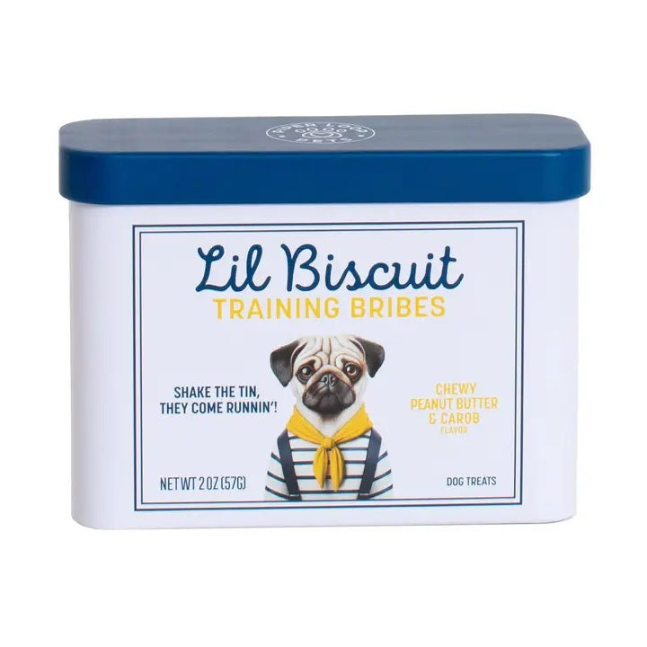 The rectangular, refillable Piper Loop Pets tin labeled “Lil Biscuit Training Bribes” features a pug illustration and holds chewy peanut butter & carob dog treats made from USA-sourced ingredients.