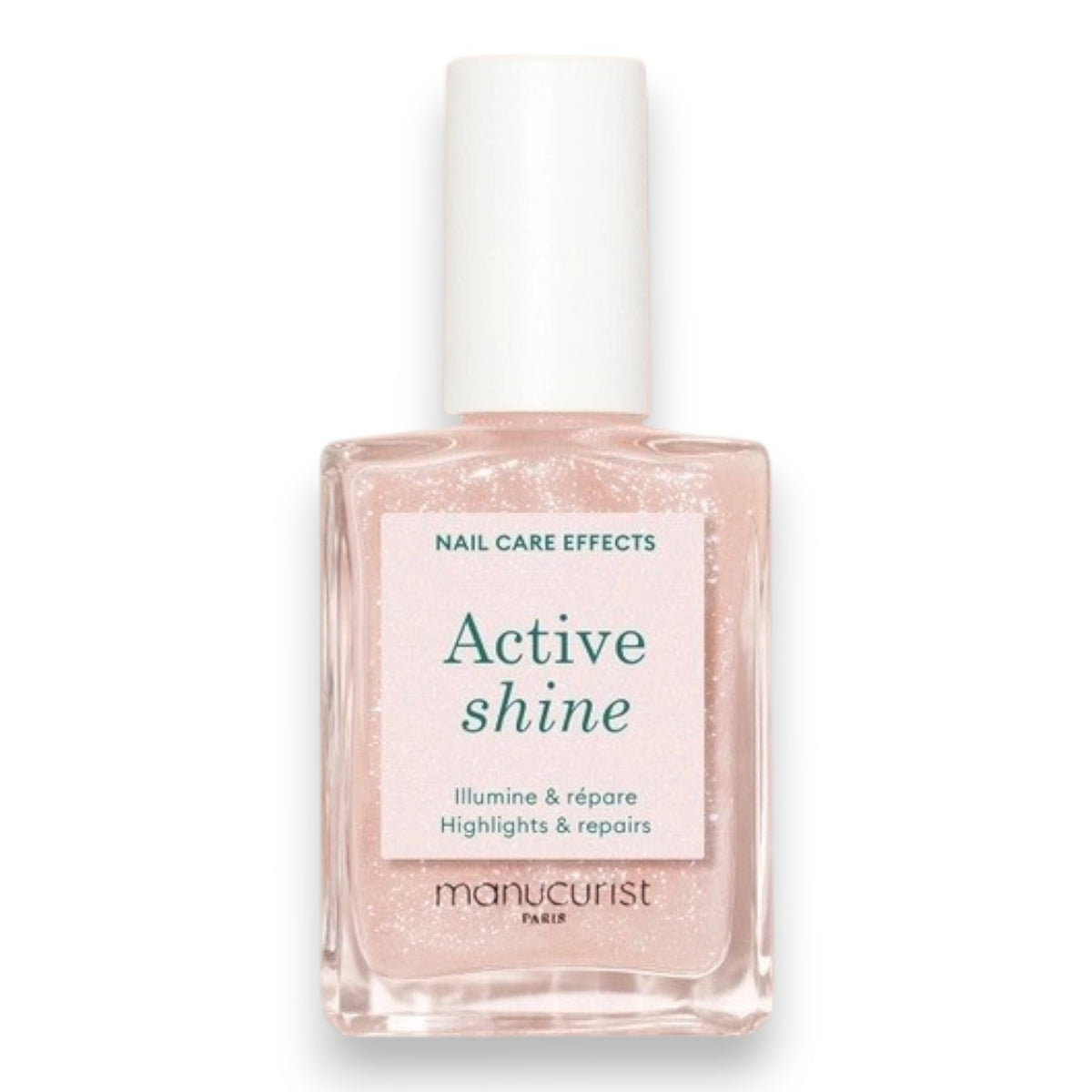MANUCURIST - ACTIVE™ SHINE TREATMENT POLISH by MANUCURIST INC is a shimmery pink nail treatment polish formulated with beetroot extract for hydrating and providing antioxidant care to nails, AHAs to restore and harden, and hexanal to help strengthen them. The product contains 79.5% plant-based ingredients.