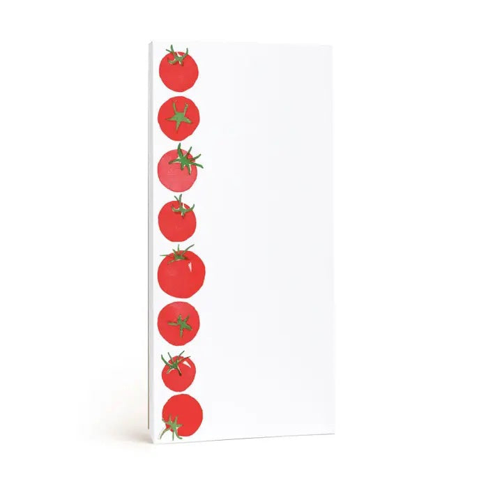 The E. FRANCES - NOTEPAD TOMATO MARKET by E. FRANCES PAPER is a vertical white kitchen notepad with eight red tomatoes and green stems along the left edge—ideal gardening stationery for tomato lovers. The rest of the notepad is blank.