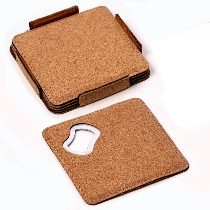 The BEYBERK INTERNATIONAL CAMERON COASTER SET WITH OPENER features four square brown cork coasters for home bars, stacked neatly with one coaster's built-in metal bottle opener displayed in front, all on a white background.