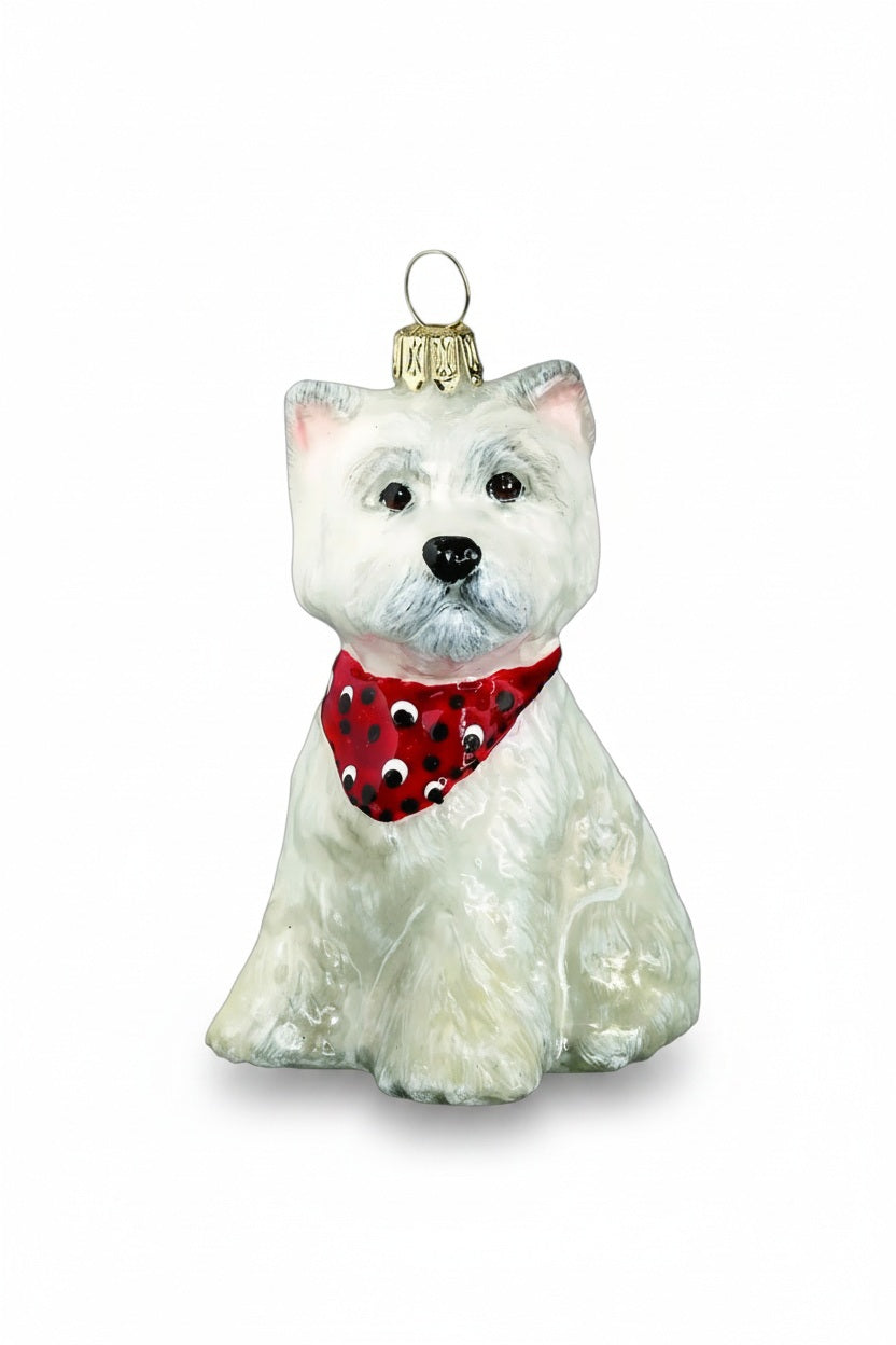 WEST HIGHLAND TERRIER ORNAMENT handmade from glass as a white West Highland Terrier wearing a red bandana with black polka dots.
