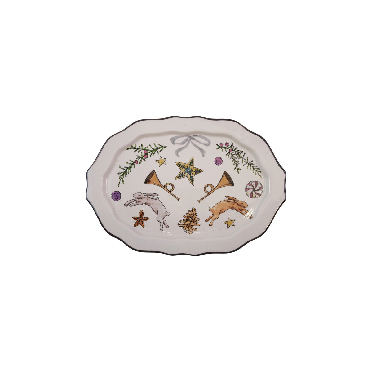 The SCALLOPED PLATTER WITH HOLIDAY MOTIF by CREATIVE COOP, featuring whimsical designs and five scones on one side, adds a charming touch to any lightly textured surface.