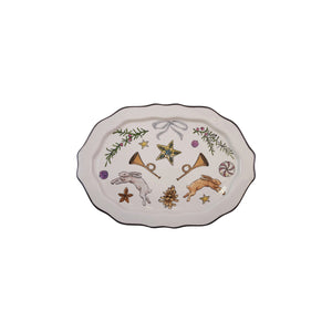The SCALLOPED PLATTER WITH HOLIDAY MOTIF by CREATIVE COOP, featuring whimsical designs and five scones on one side, adds a charming touch to any lightly textured surface.