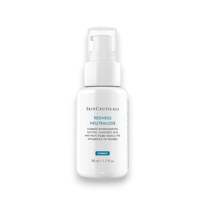 A 50 ml (1.7 fl oz) bottle of SKINCEUTICALS - REDNESS NEUTRALIZER from Skin Ceuticals, featuring a white pump dispenser and labeled to highlight its functions of combating environmental factors, conditioning the skin, and reducing the appearance of redness and skin blotchiness.