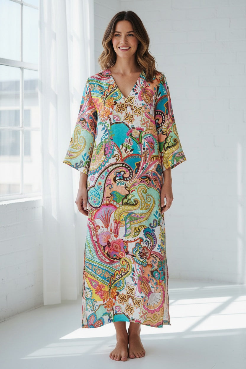 A woman in a MIRTO 1956 Multi Color Paisley Kaftan Style Dress with wide sleeves and V neckline, her hair in a low bun, wears light blue embellished-heel shoes against a plain white background.
