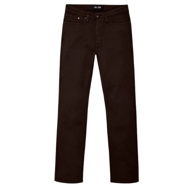 DU/ER - NO SWEAT STRAIGHT PANTS IN STOUT by DUER: Straight-leg, dark brown pants made from No Sweat fabric with front and back pockets, belt loops, and a button closure, shown on a white background.