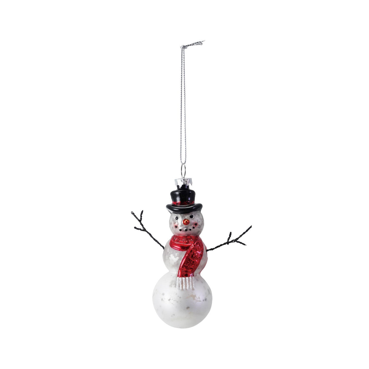 The CREATIVE COOP Mercury Glass Snowman Ornament features a red scarf, black top hat, and twig arms, and hangs from a silver string against a white background.