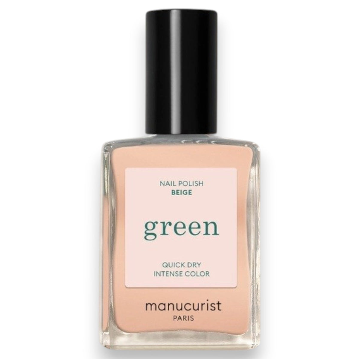 A hand with neatly manicured nails—polished in Beige with MANUCURIST - GREEN™ NAIL POLISH by MANUCURIST INC—rests gently on a textured, cream-colored, ruffled sweater.