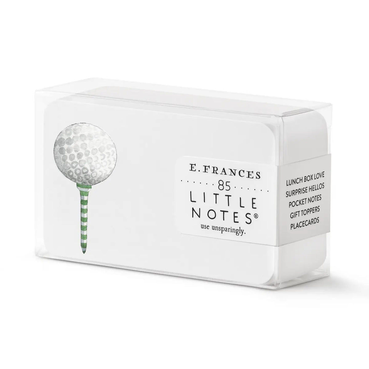 A clear plastic box from E. FRANCES PAPER holds 85 GOLF TEE LITTLE NOTES—small white notecards, each with a golf ball on a green-striped tee and the label: “use unsparingly.” A perfect gift for any golf fan.