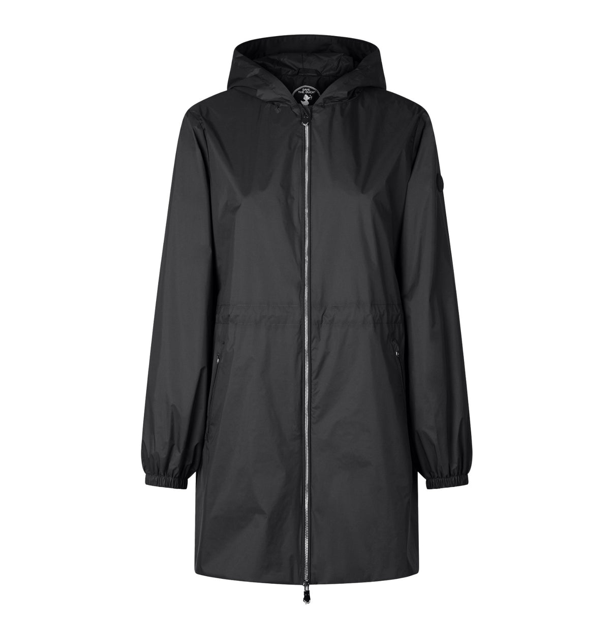 View of the SAVE THE DUCK - FLEUR Lightweight Rain Jacket from the back: a yellow, waterproof, hooded coat made from recycled polyester. It has long sleeves with elastic cuffs, a straight hem, and an overlapping flap detail on the upper back for added style and sustainability.