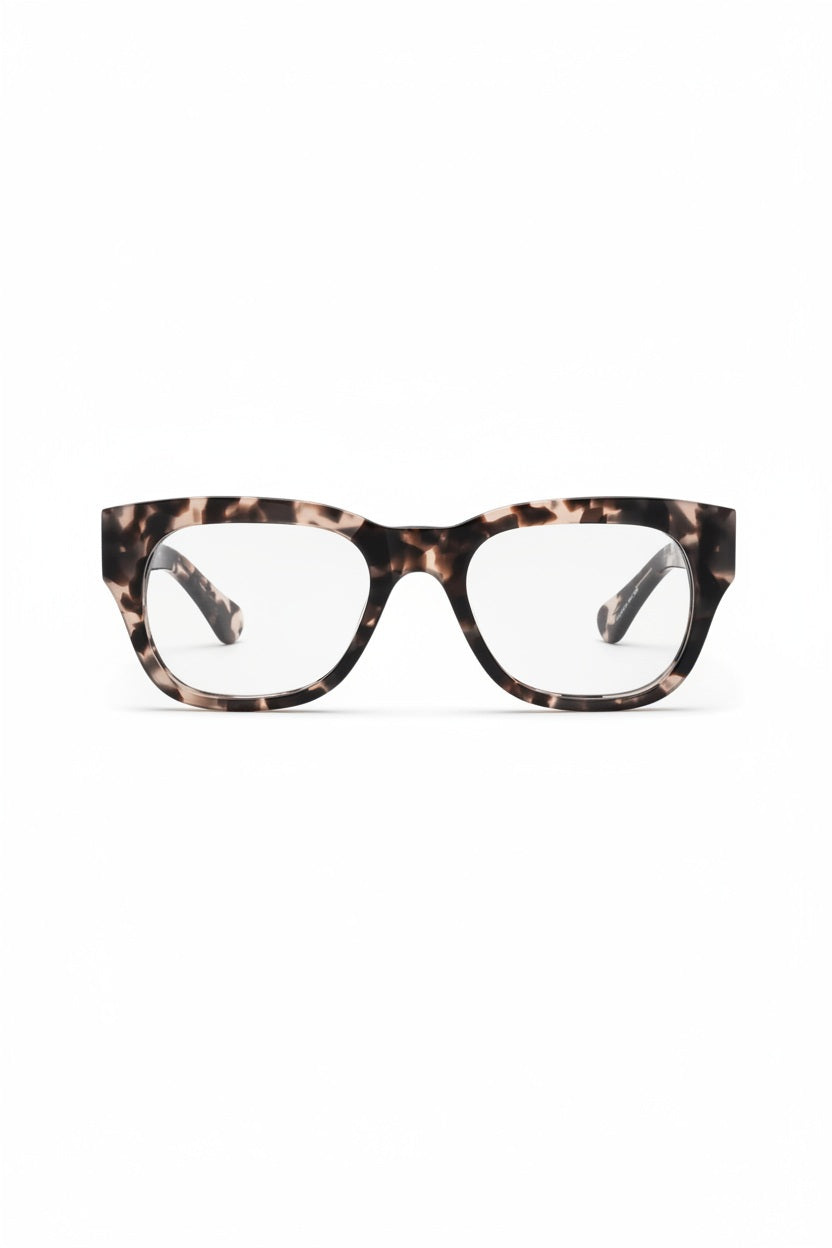 Front view of CADDIS - MIKLOS PROGRESSIVE READERS by CADDIS, featuring thick rectangular premium acetate frames in a brown and black tortoiseshell pattern, displayed against a plain white background.