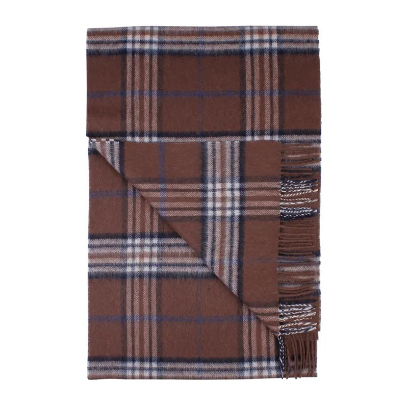 AMANDA CHRISTENSEN - CLASSIC CHECKED WOOL SCARF IN CHOCOLATE featuring a blue and white checked pattern with fringed edges, designed with Swedish elegance.