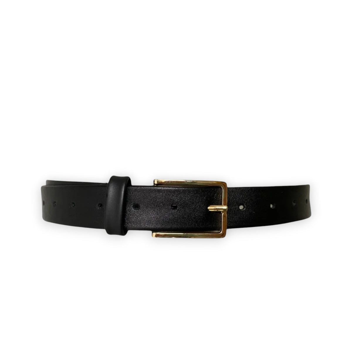 The ADA CHIC HORIZON BELT in black leather features a gold rectangular buckle and multiple adjustment holes, coiled neatly for versatile styling. This one-size accessory elegantly complements any outfit with its seamless fit across various measurements.